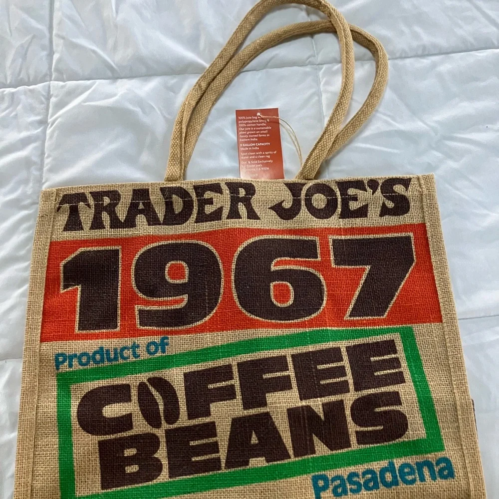 NEW TraderJoe’s COFFEE BEANS Pasadena Burlap Jute tote reusable bag NWT - Picture 2 of 2